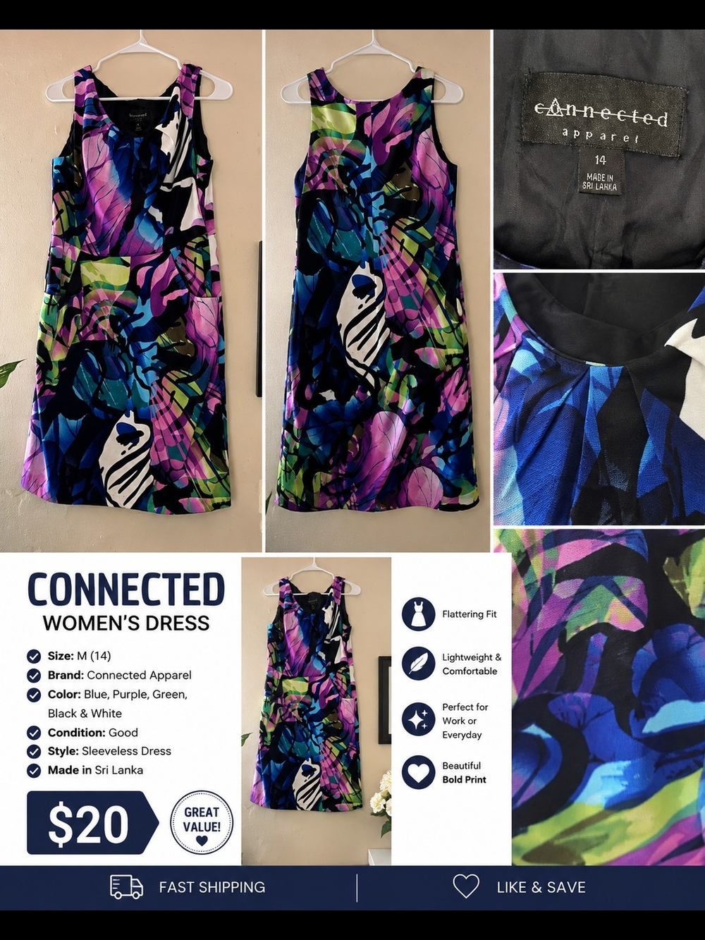 Connected Apparel Vibrant Floral Sheath Dress in Blue, Purple & Green